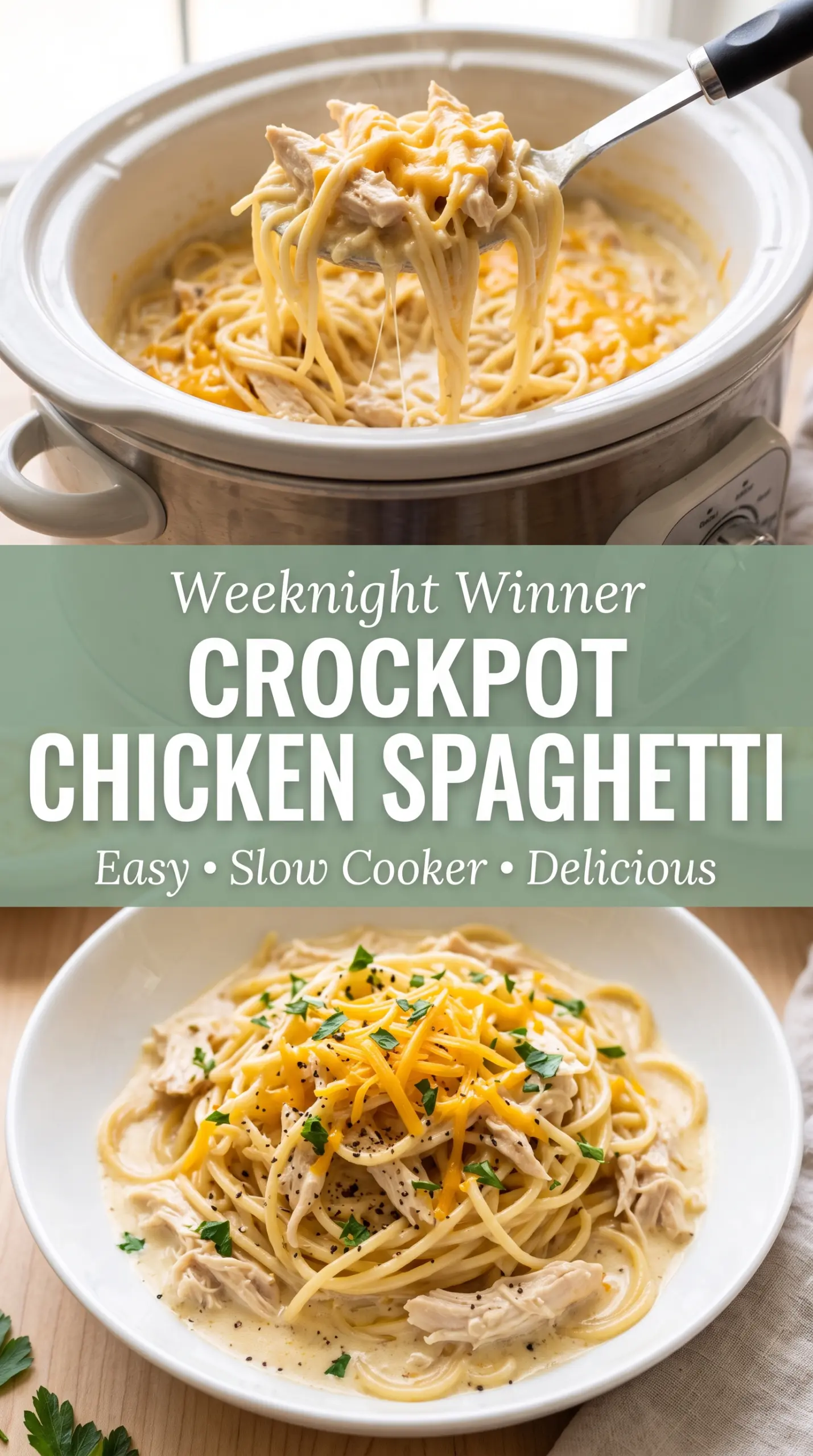 Crockpot Chicken Spaghetti creamy cheesy