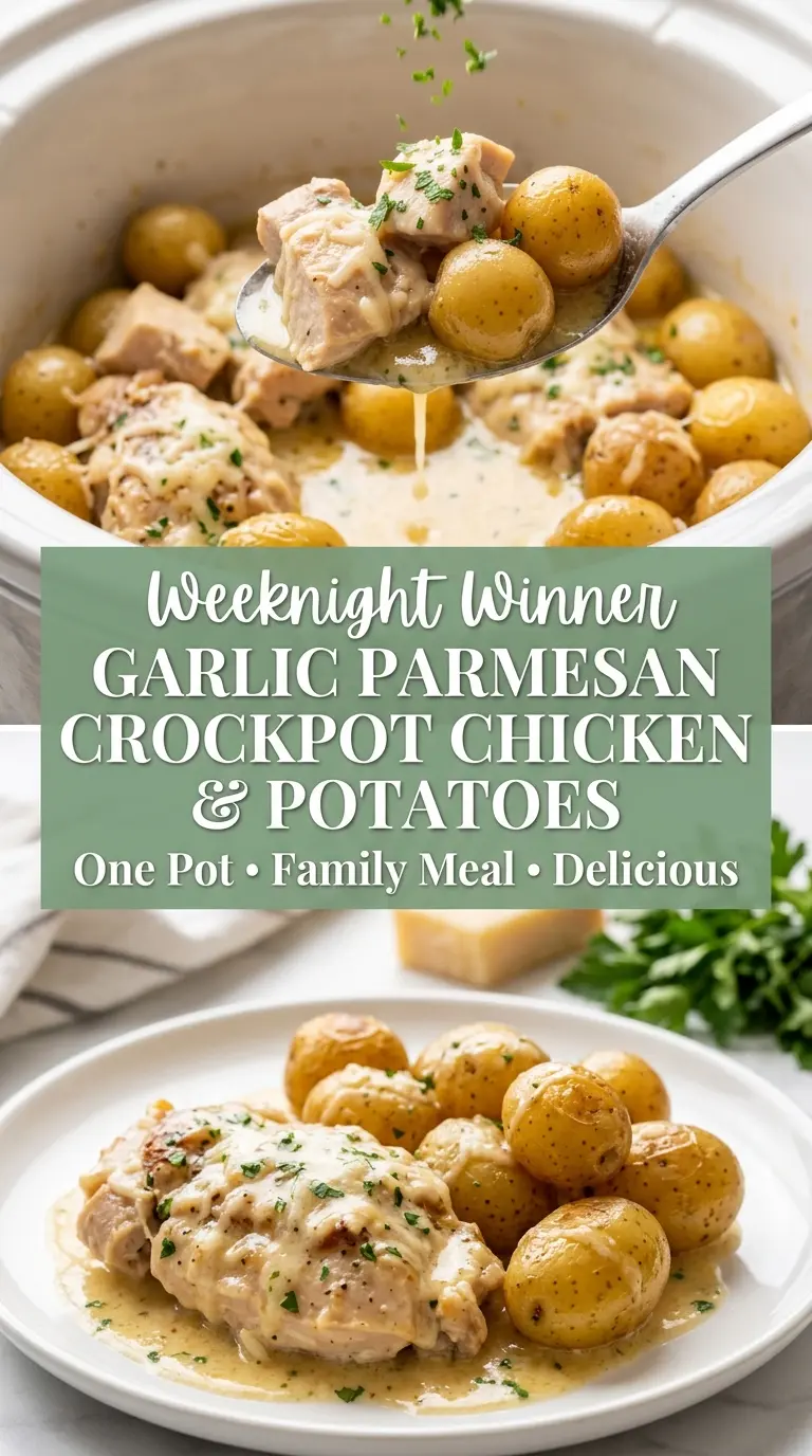 Garlic Parmesan Crockpot Chicken and Potatoes juicy, creamy, slow-cooked