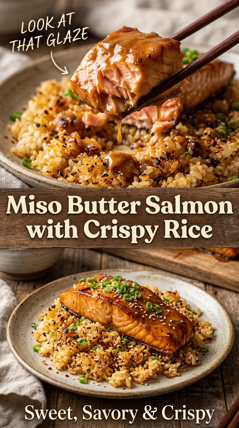 Miso Butter Salmon with Crispy Rice, savory glazed salmon, crispy rice
