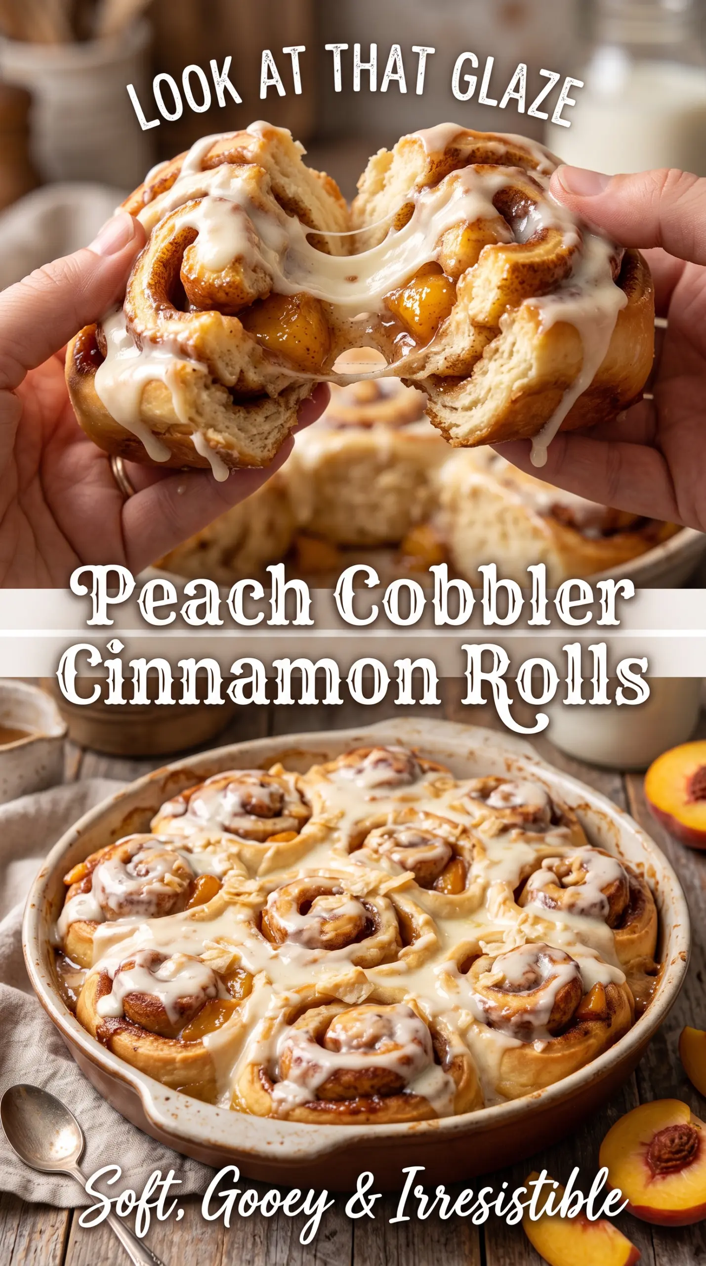 Peach Cobbler Cinnamon Rolls, fluffy peach glaze