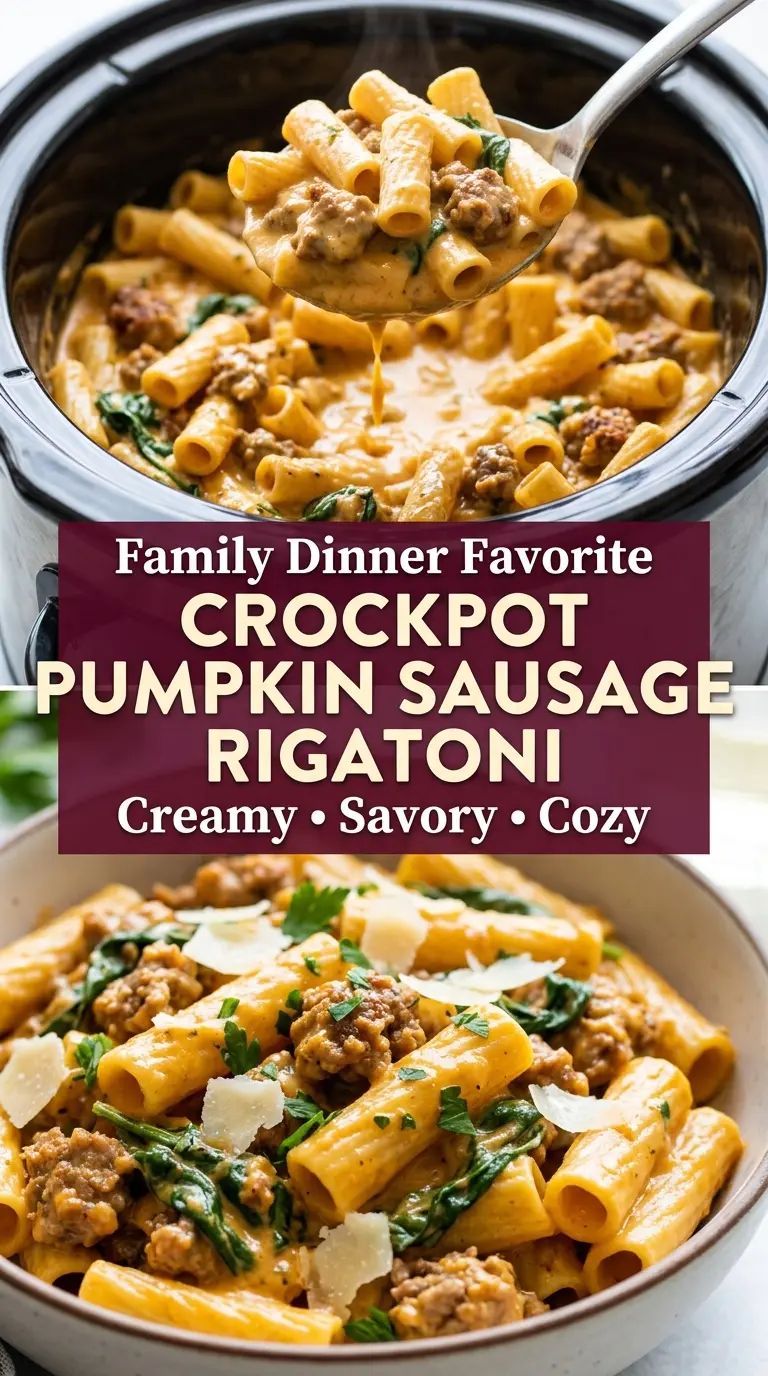 Crockpot Pumpkin Sausage Rigatoni creamy savory cozy