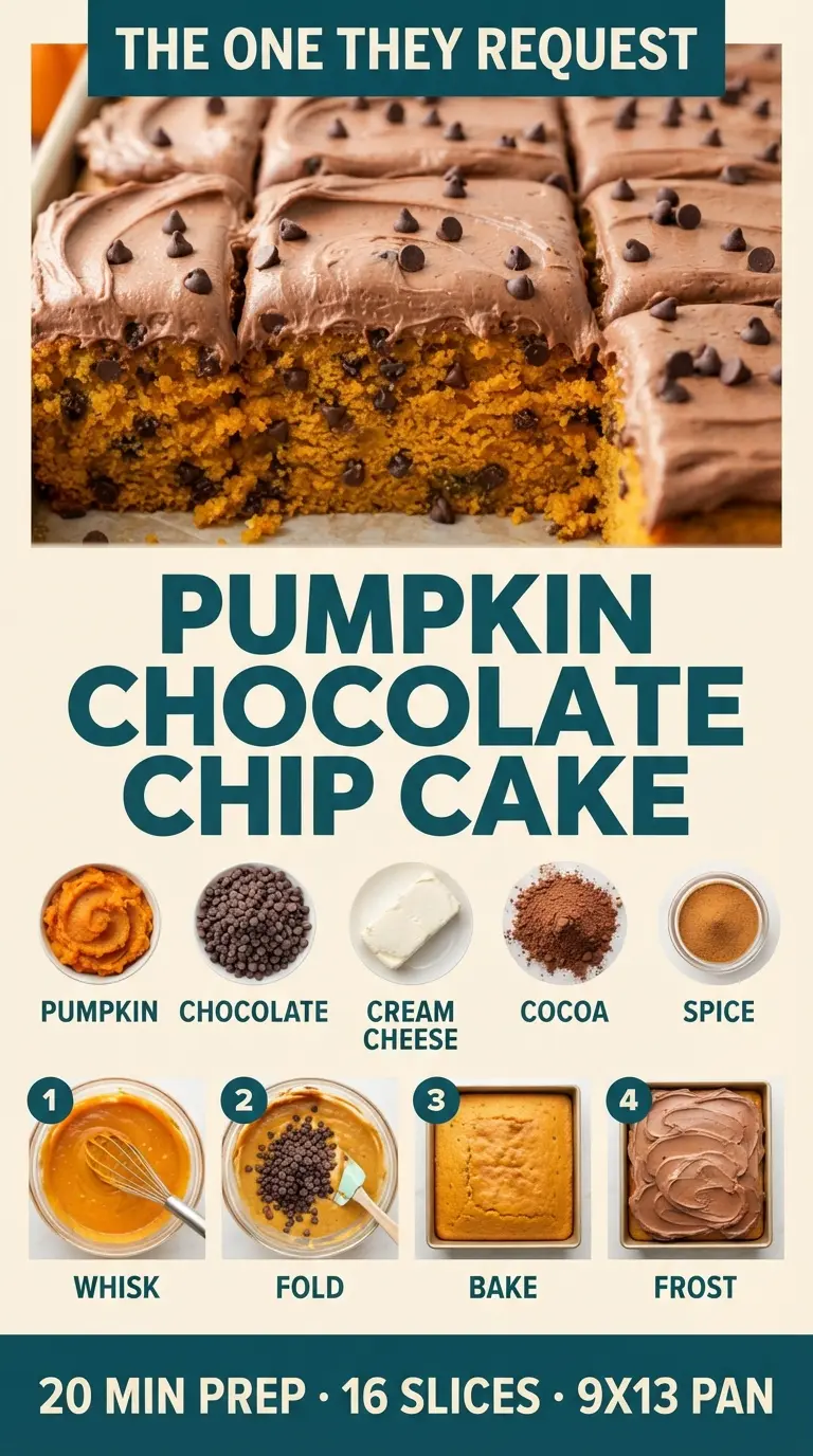 Pumpkin Chocolate Chip Sheet Cake with Chocolate Cream Cheese Frosting, moist, frosted