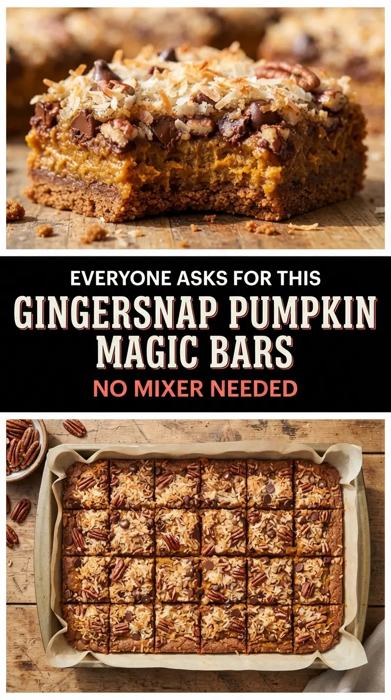 Pumpkin magic bars with gingersnap crust, spiced chewy squares
