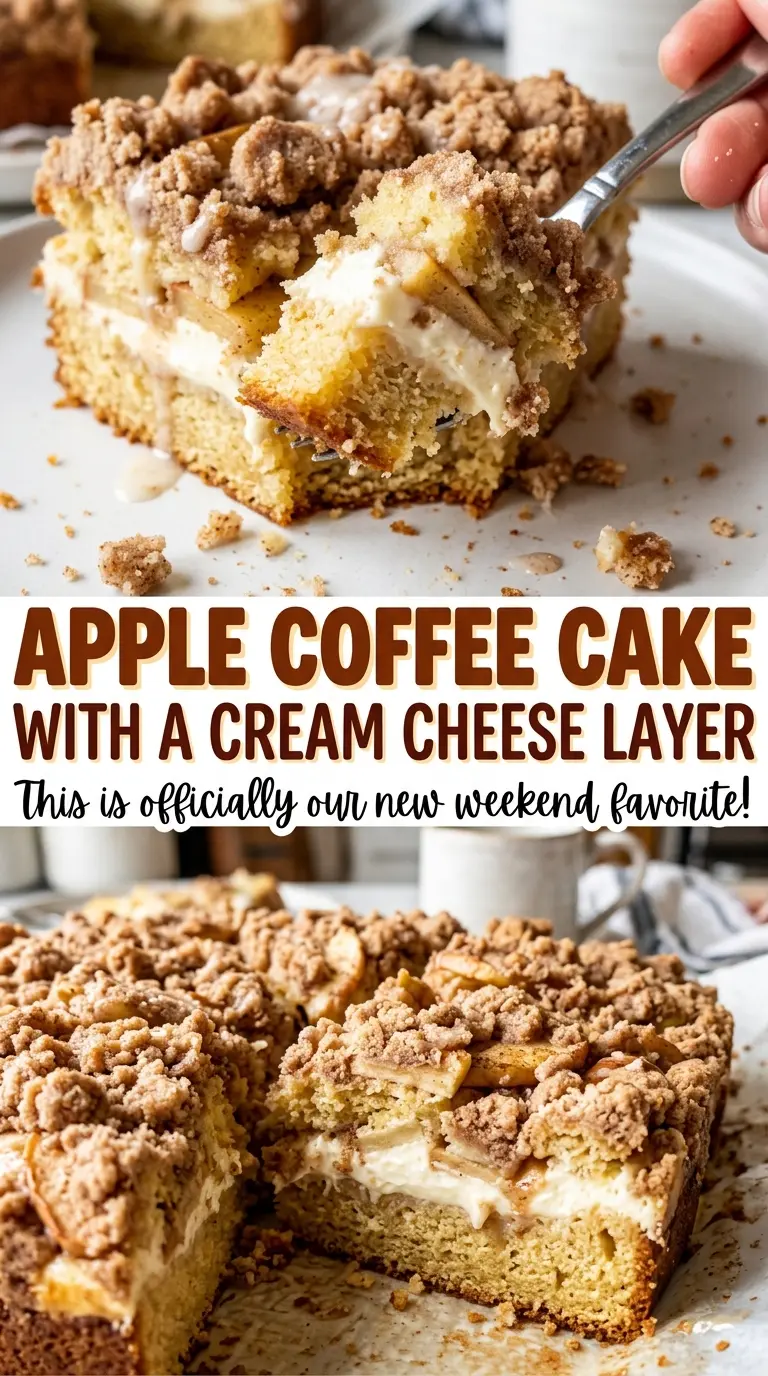 Apple coffee cake with cream cheese layer and cinnamon oat topping