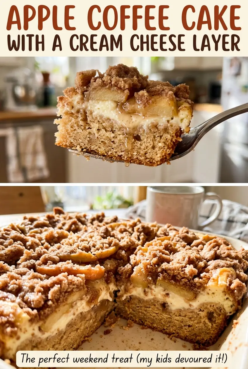 Apple coffee cake with cream cheese layer and golden oat topping