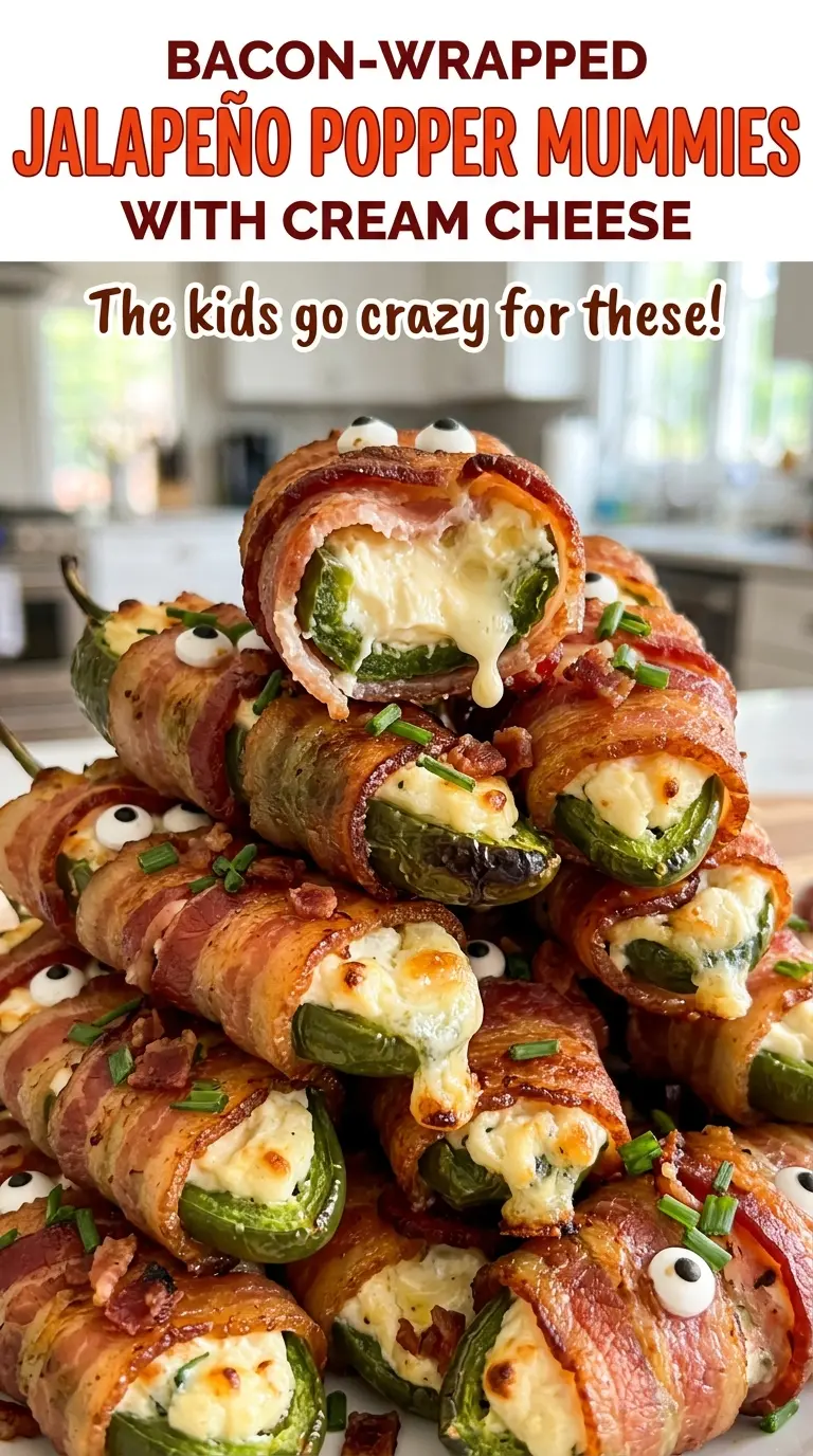 Bacon-Wrapped Jalapeno Popper Mummies with Cream Cheese, cheesy and golden