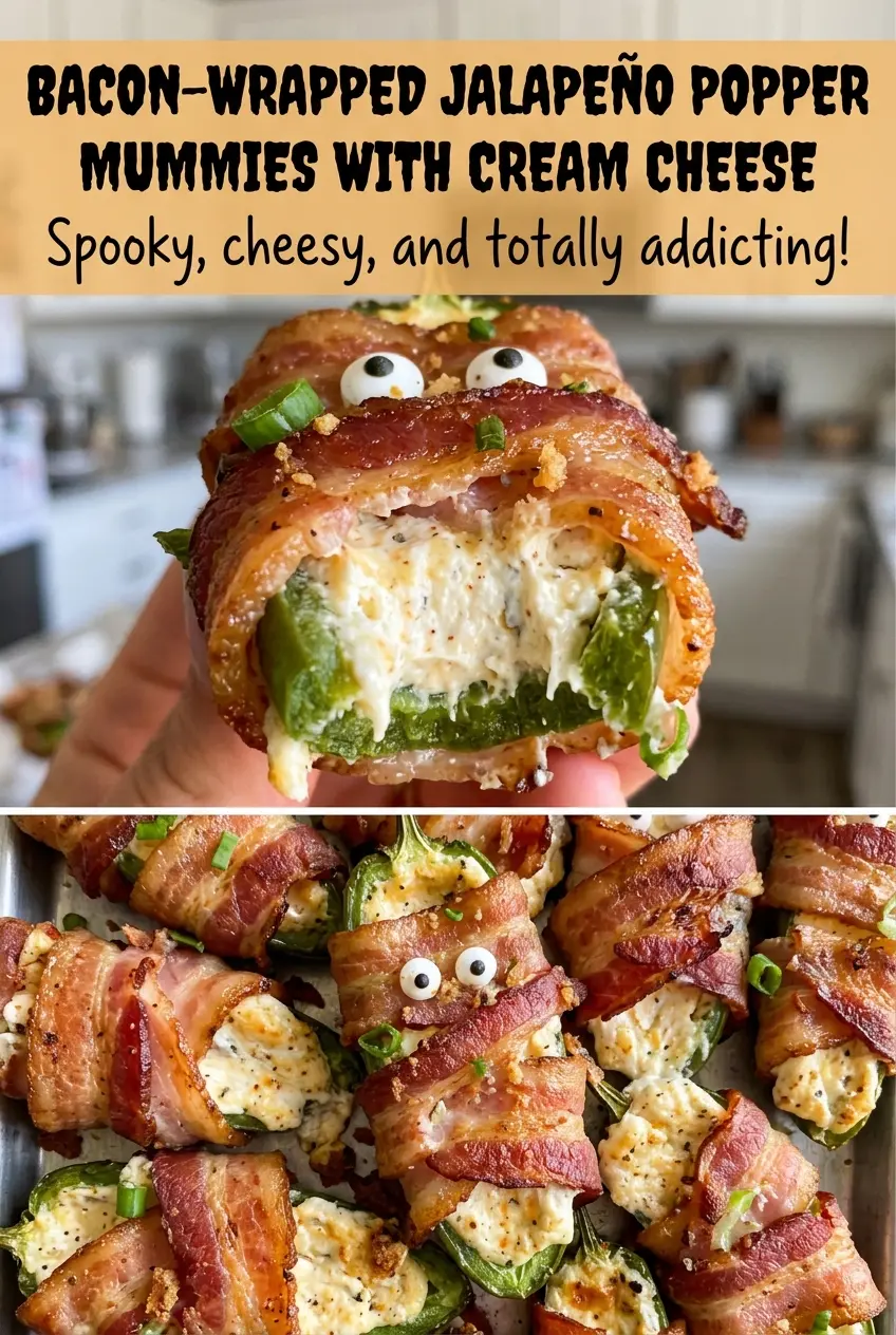 Bacon-Wrapped Jalapeno Popper Mummies with Cream Cheese, crispy bacon