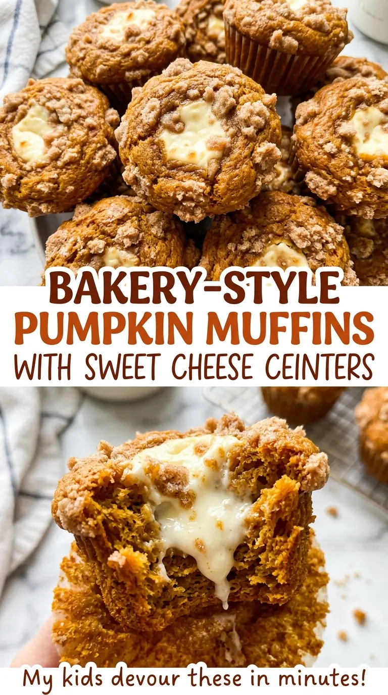 Bakery-Style Pumpkin Muffins with Sweet Cream Cheese Centers, spiced crumb
