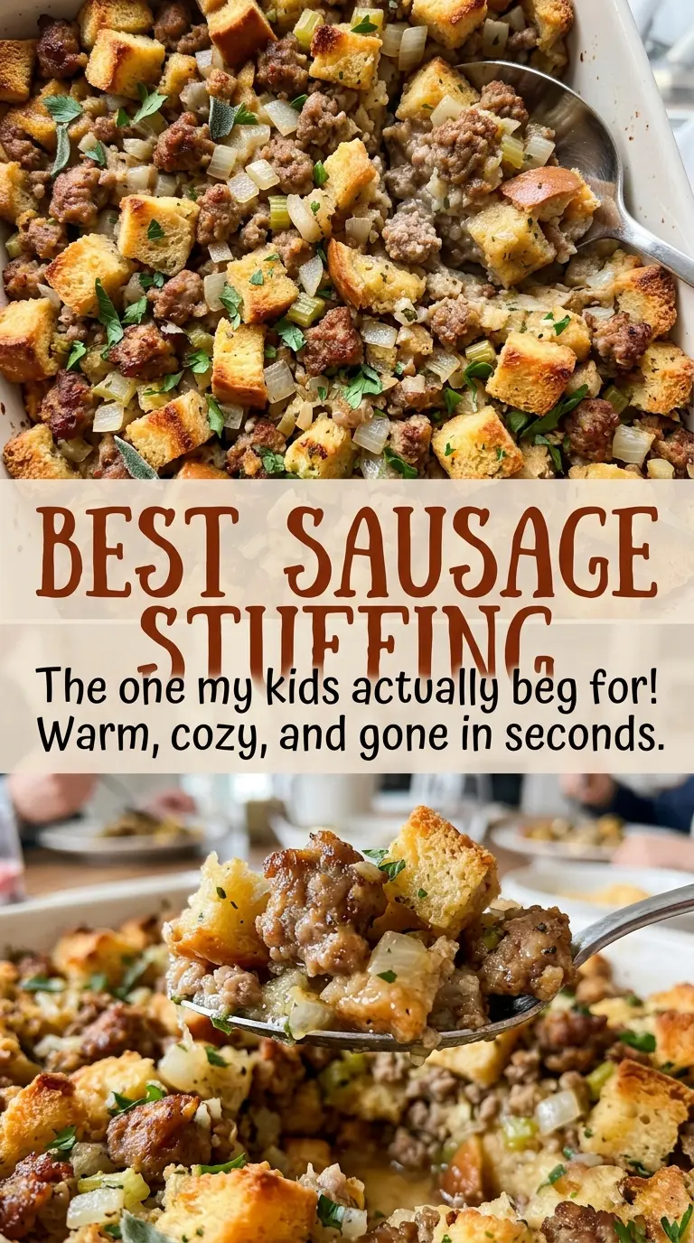Best Sausage Stuffing with browned sausage and golden top