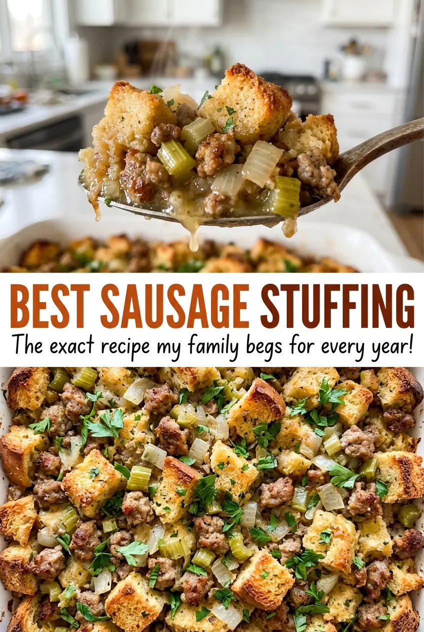 Best Sausage Stuffing with a golden crisp top