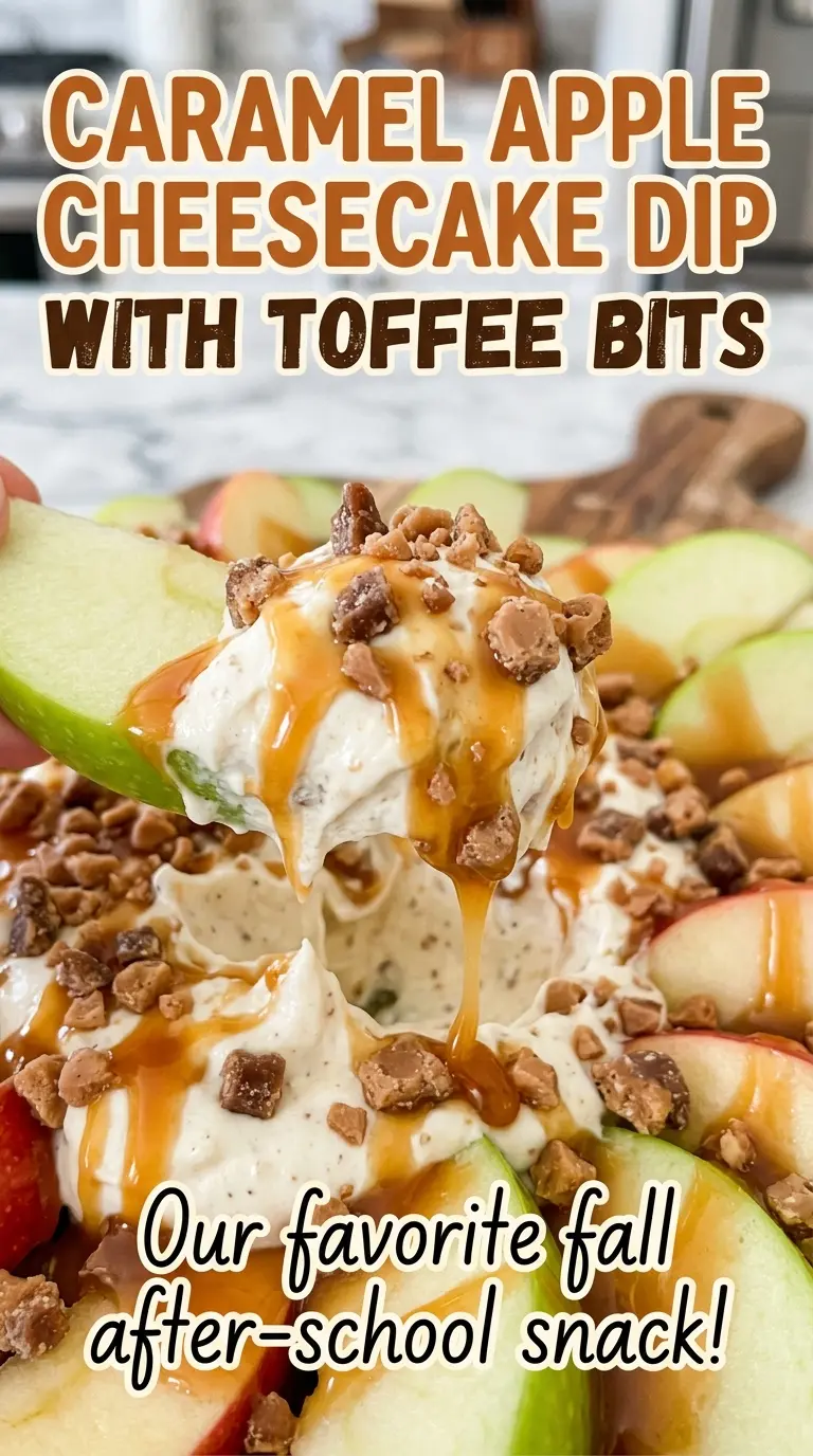 Caramel Apple Cheesecake Dip with Toffee Bits creamy caramel layers