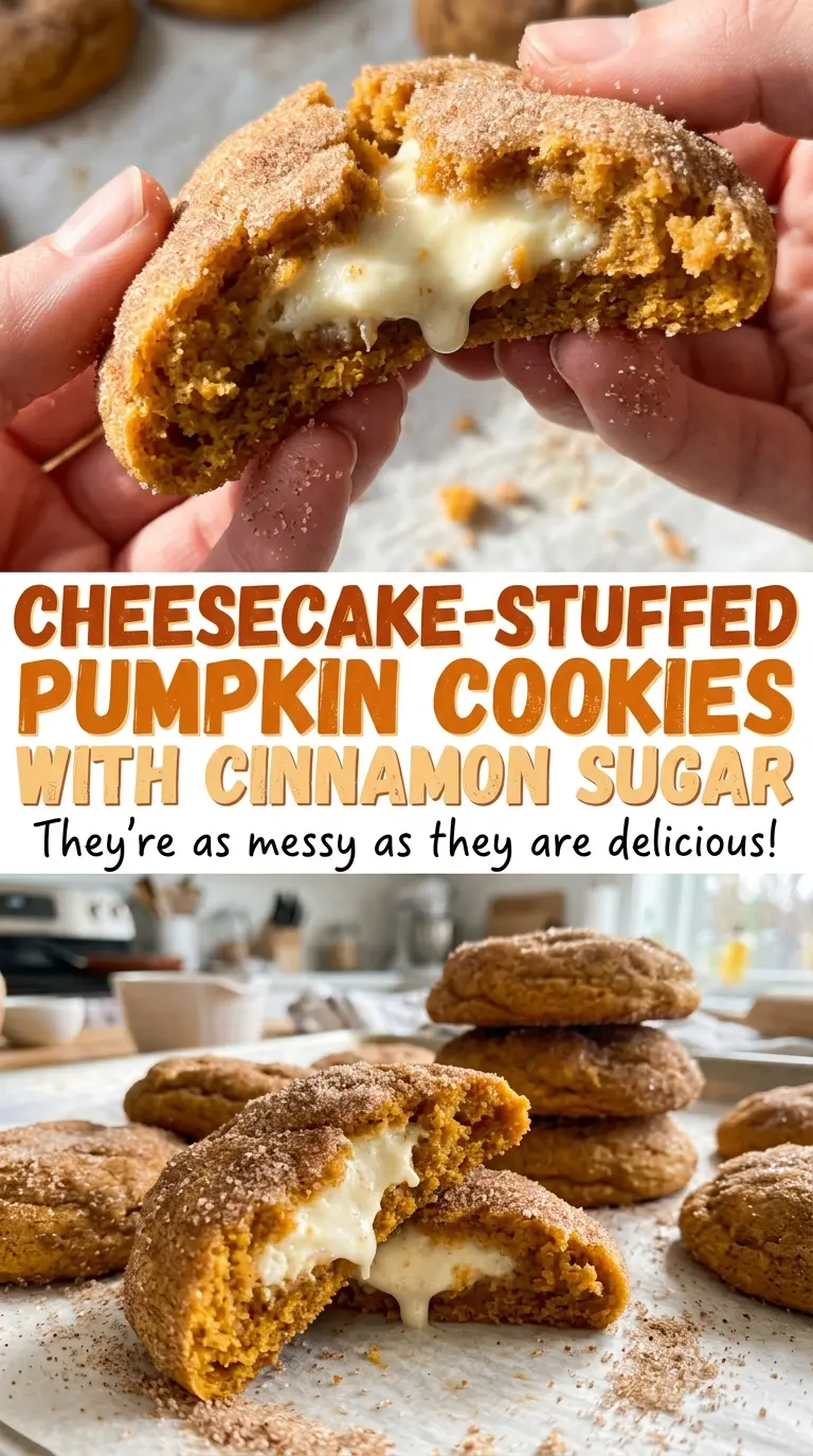 Cheesecake-stuffed pumpkin cookies with cinnamon sugar, soft and spiced