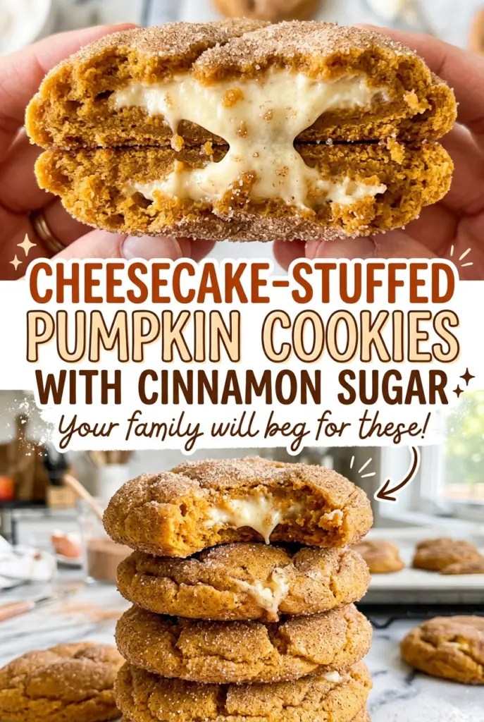 Cheesecake-Stuffed Pumpkin Cookies with Cinnamon Sugar