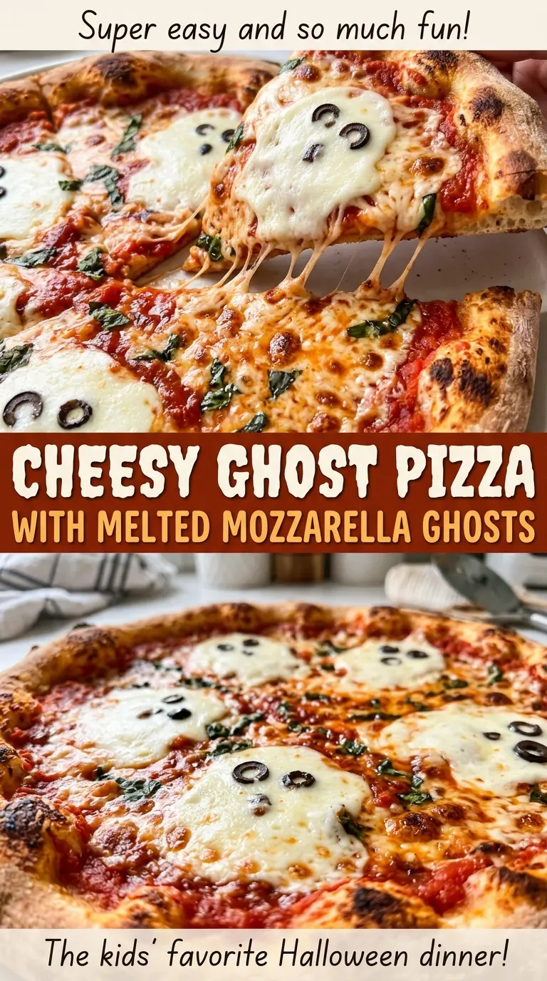 Cheesy Ghost Pizza with Melted Mozzarella Ghosts, olive-eyed cheese