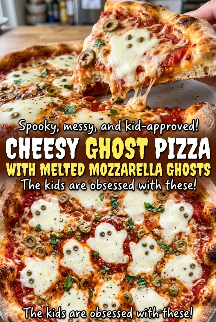 Cheesy Ghost Pizza with Melted Mozzarella Ghosts