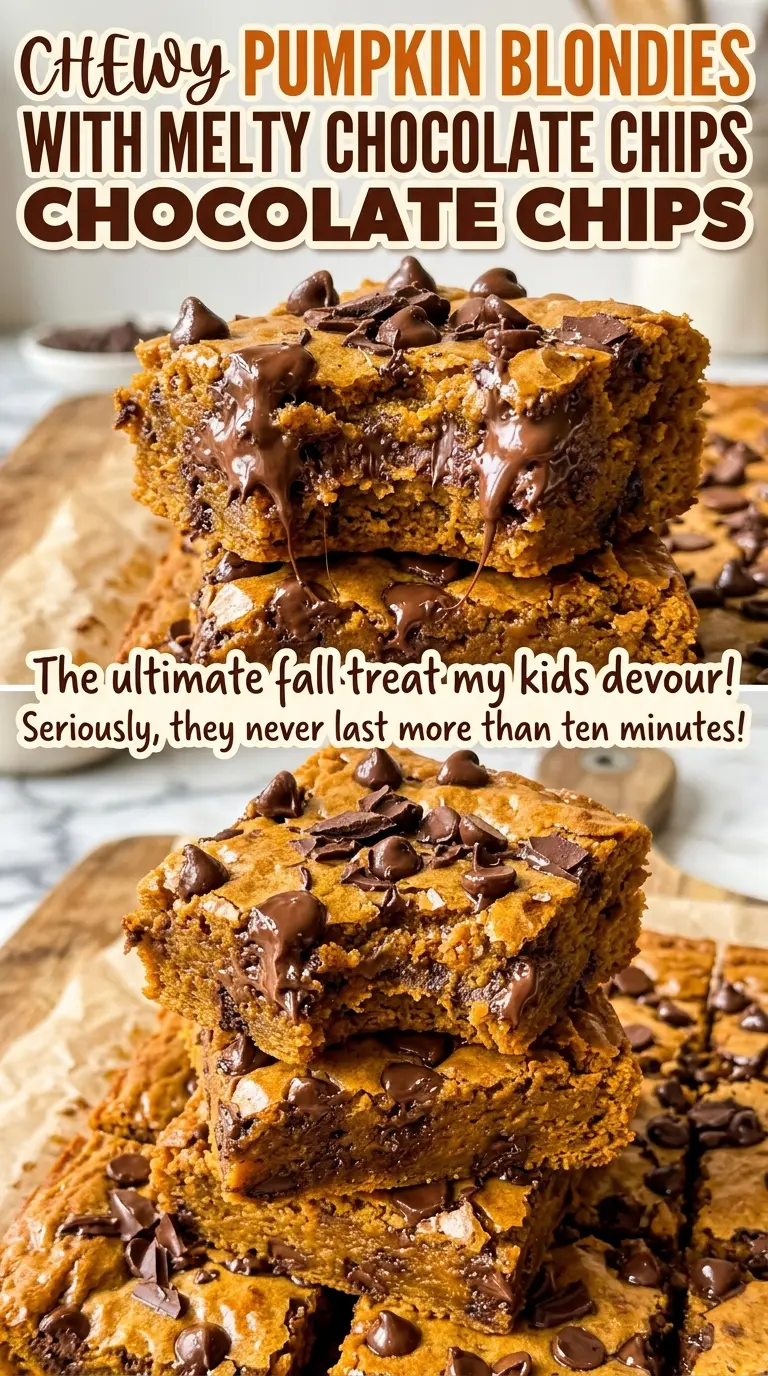 Chewy pumpkin blondies with melty chocolate chips, tender pumpkin centers