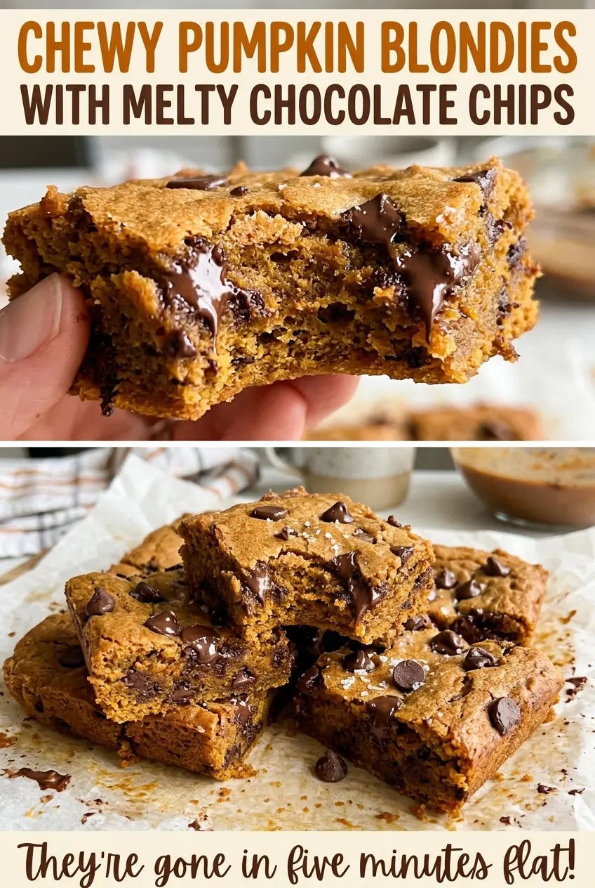 Chewy pumpkin blondies with melty chocolate chips, golden edges and soft centers