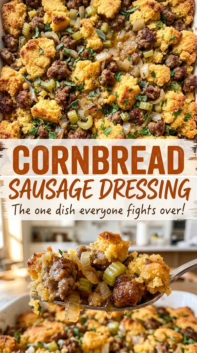 Cornbread Sausage Dressing with browned sausage and herbs