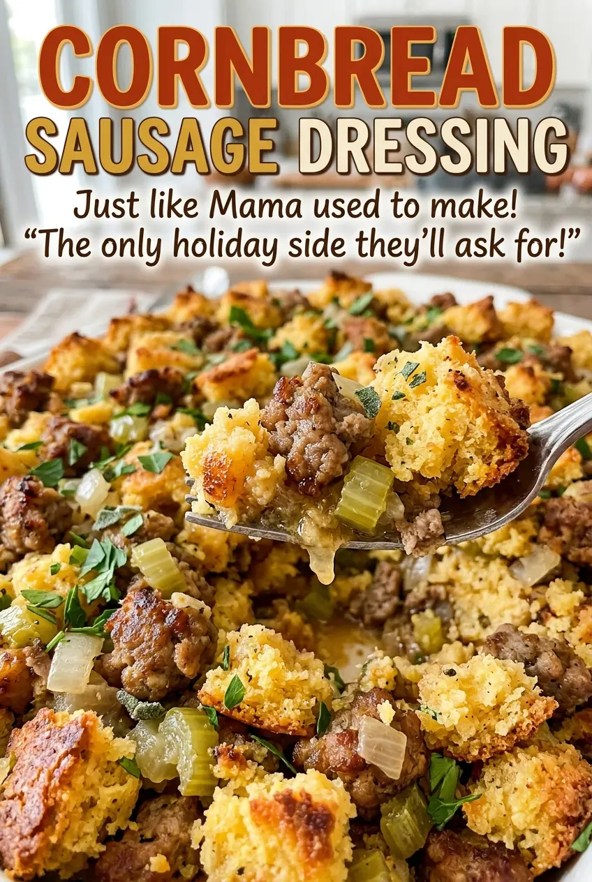 Cornbread Sausage Dressing with a golden, savory top