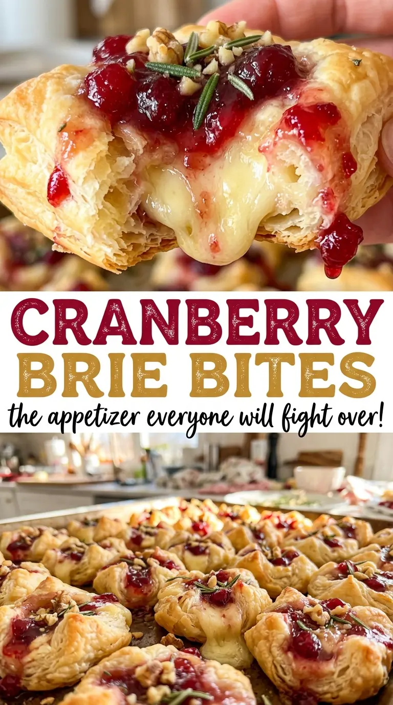 Cranberry Brie Bites with golden pastry and cranberry topping