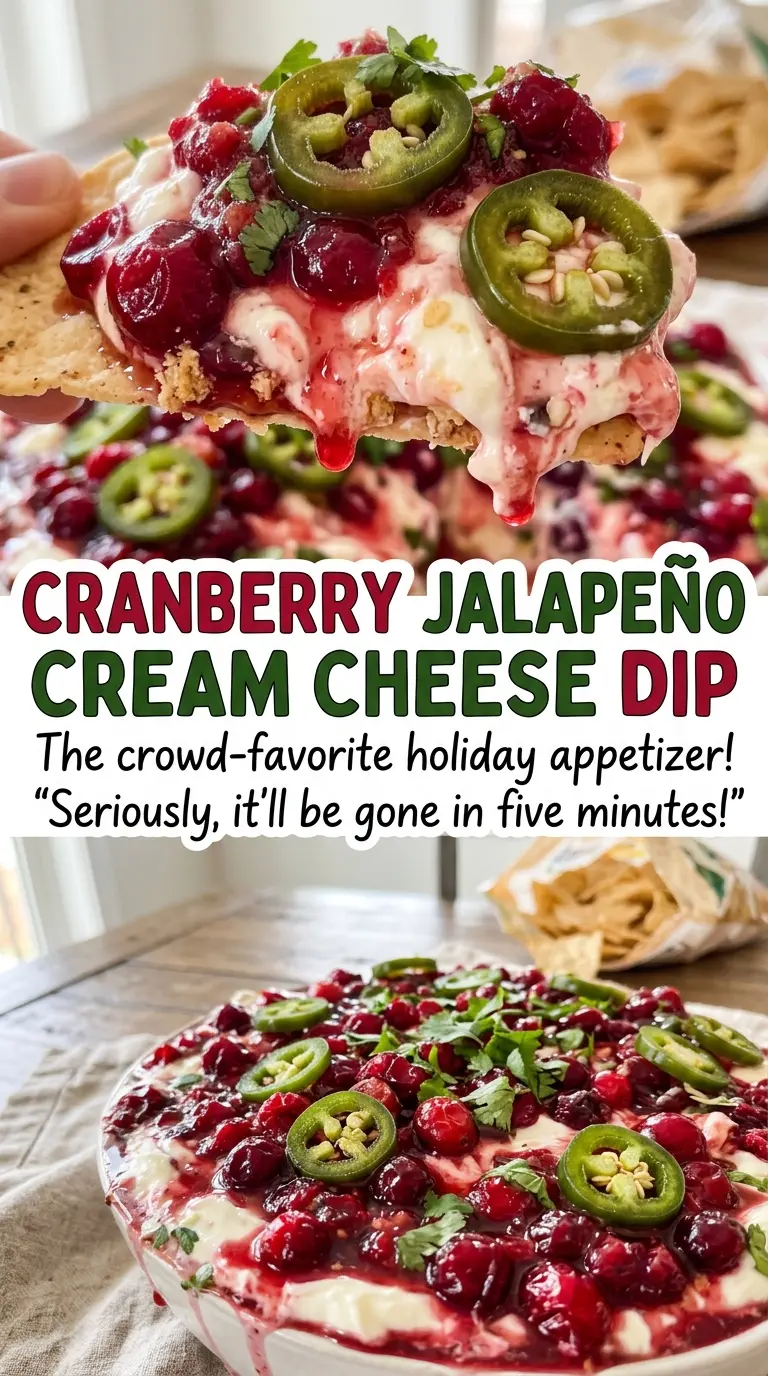 Cranberry jalapeño cream cheese dip with layered bright topping