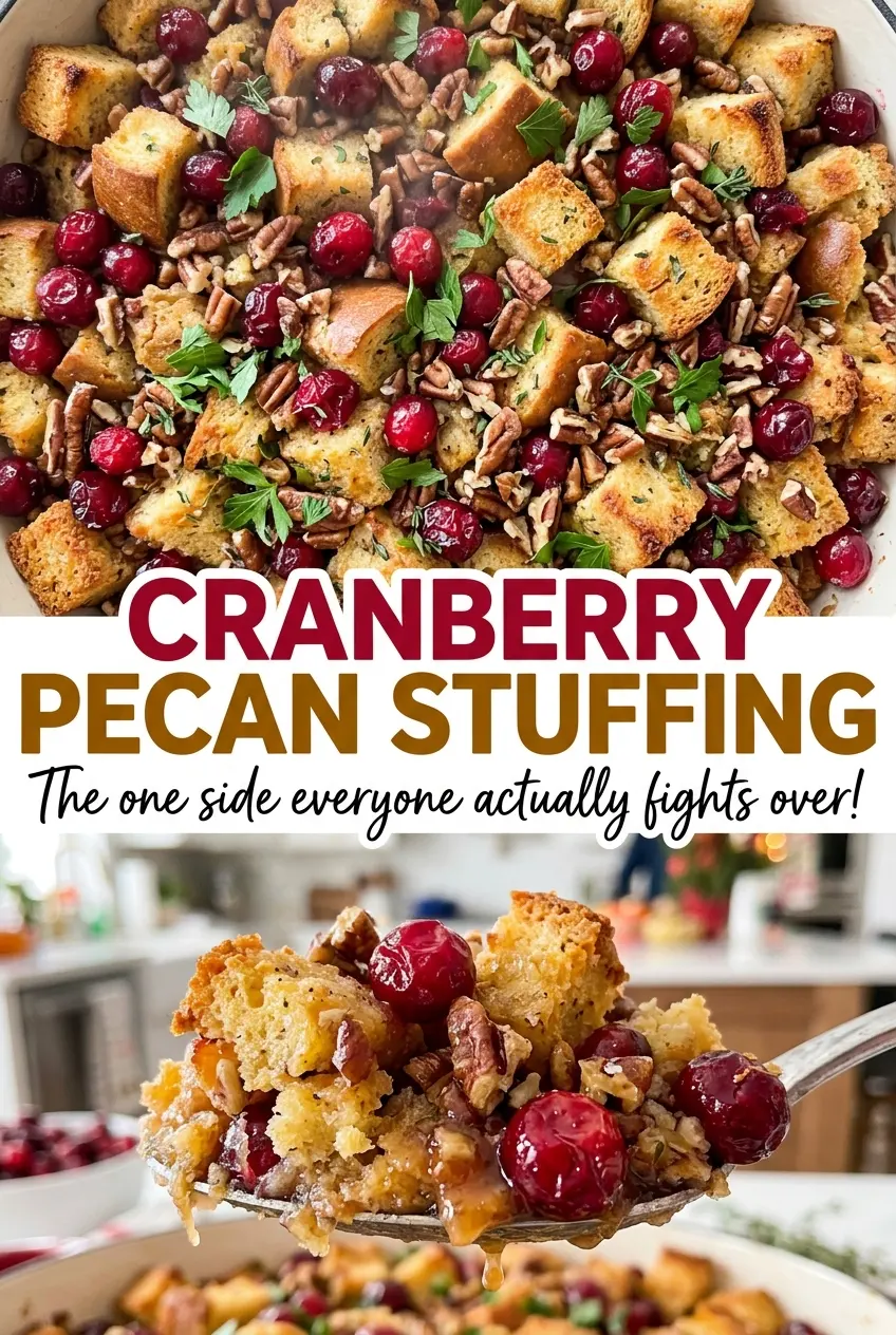 Cranberry pecan stuffing with golden crisp top
