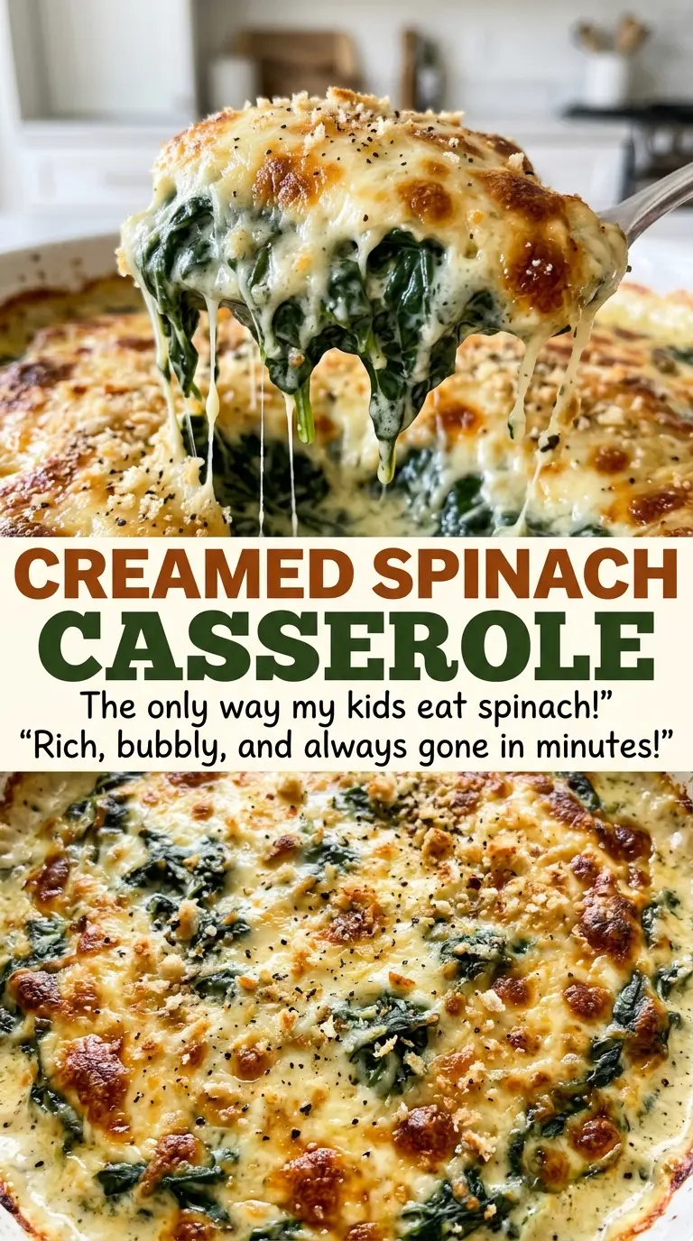 Creamed Spinach Casserole bubbling golden crumb topping