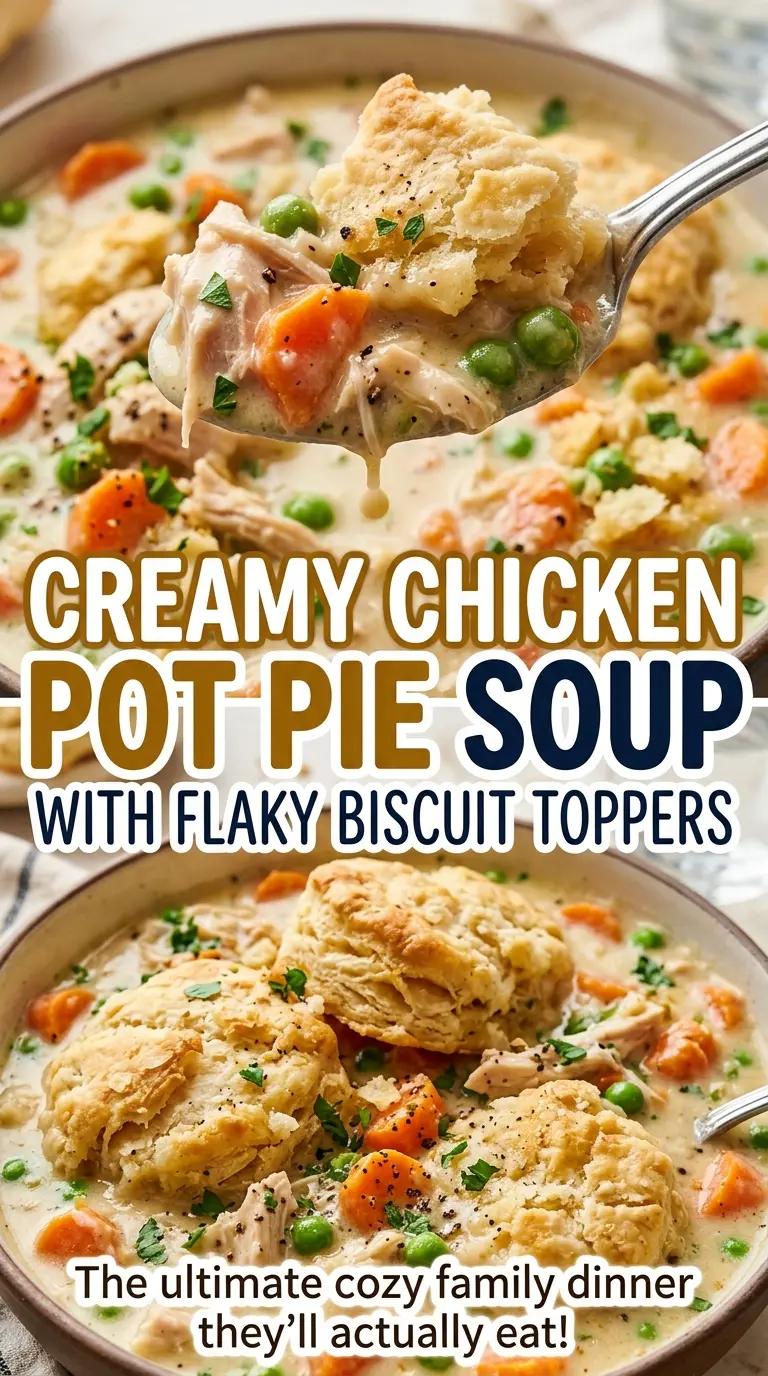 Creamy Chicken Pot Pie Soup with Flaky Biscuit Toppers, tender chicken and flaky layers