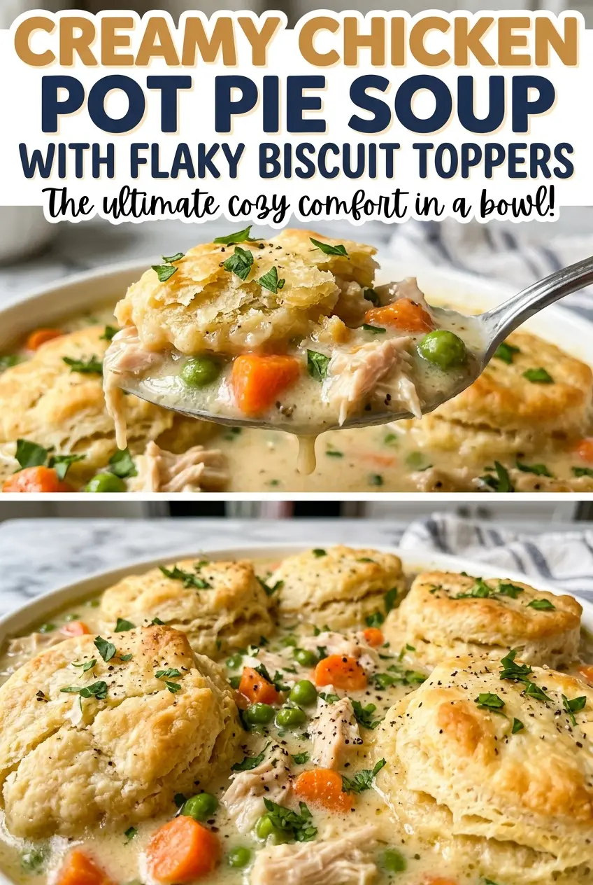 Creamy Chicken Pot Pie Soup with Flaky Biscuit Toppers, creamy soup and golden biscuits