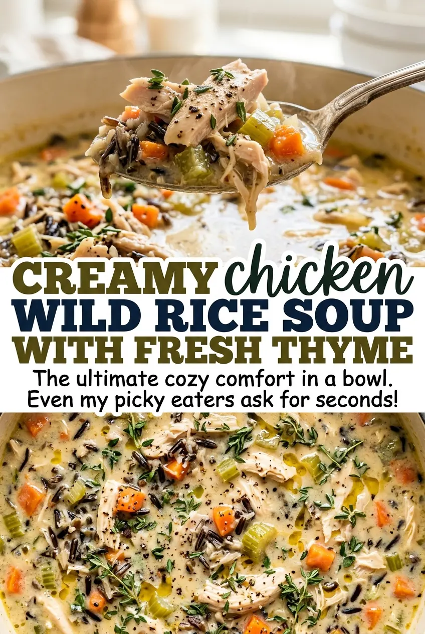 Creamy chicken wild rice soup with fresh thyme