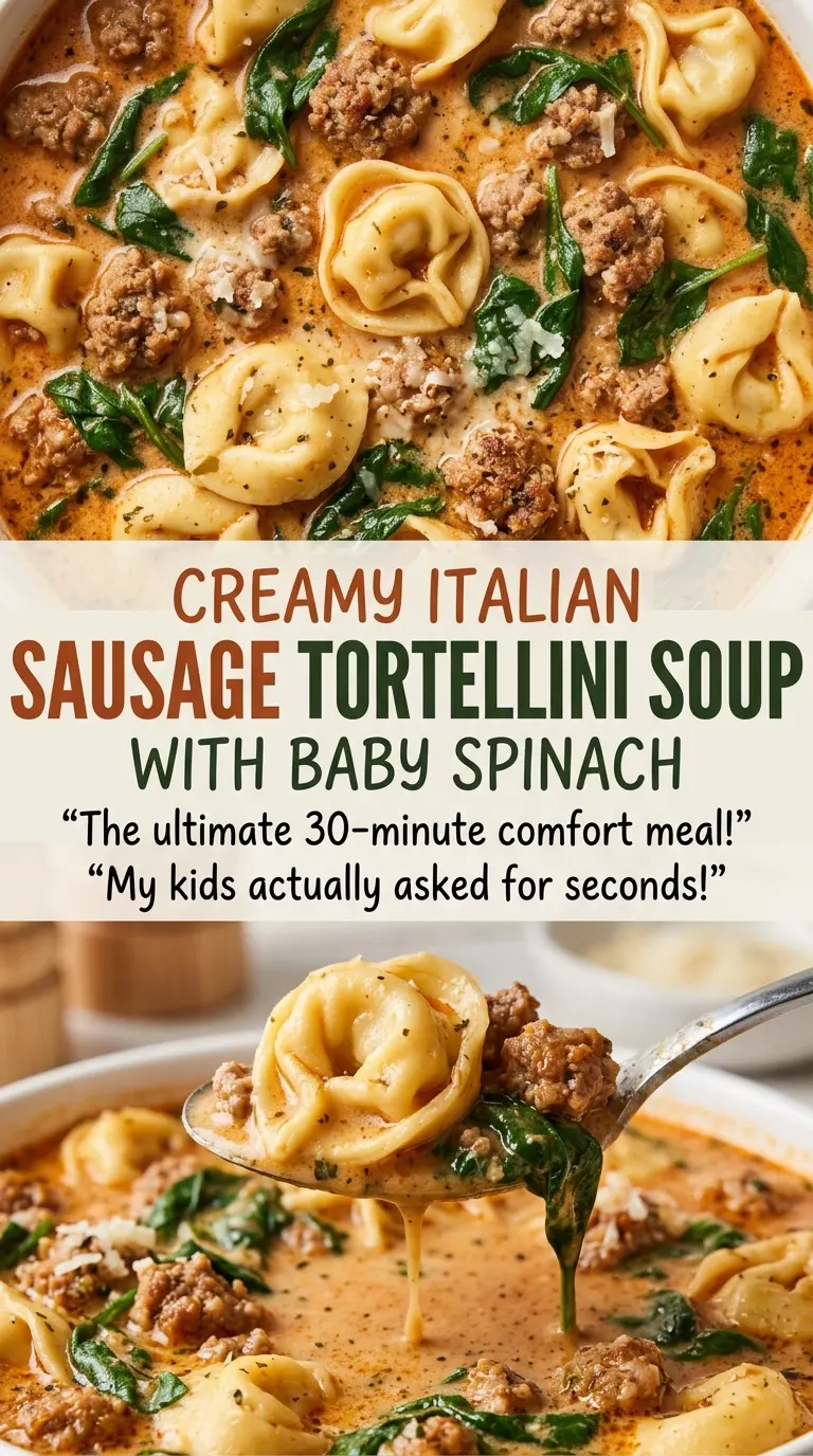 Creamy Italian Sausage Tortellini Soup with Baby Spinach, creamy spinach finish