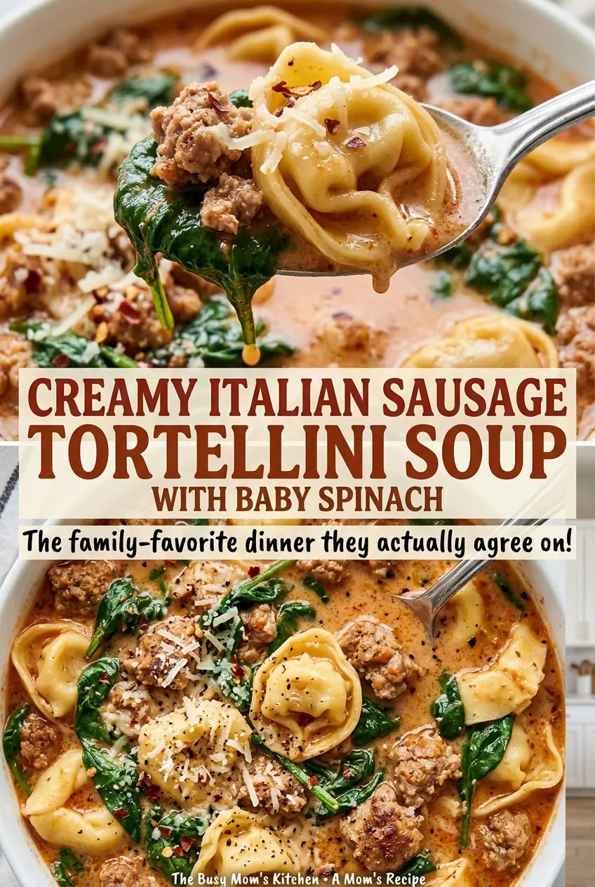 Creamy Italian Sausage Tortellini Soup with Baby Spinach, hearty tomato broth