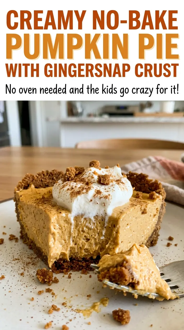 Creamy no-bake pumpkin pie with spiced filling and cookie crust