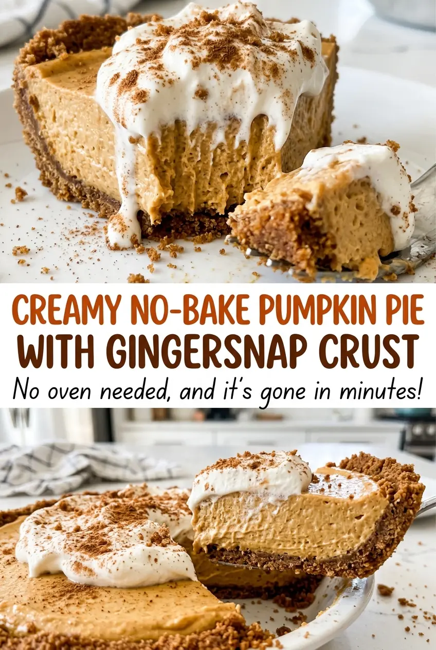 Creamy no-bake pumpkin pie with gingersnap crust, smooth filling