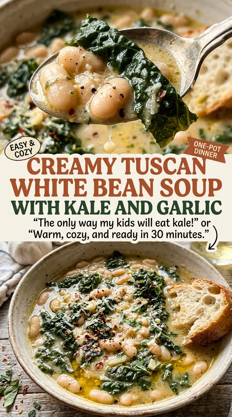 Creamy Tuscan White Bean Soup with Kale and Garlic, white beans and greens