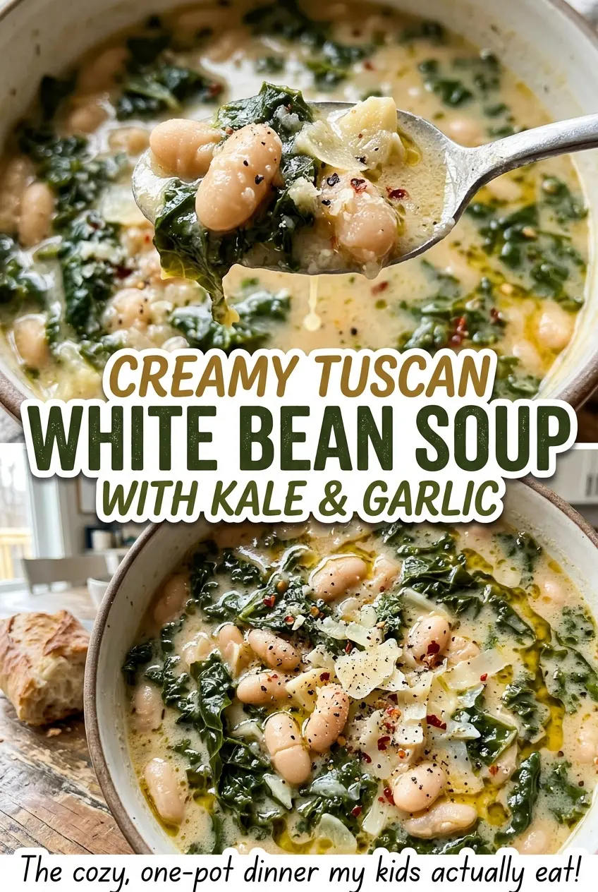 Creamy Tuscan White Bean Soup with Kale and Garlic, hearty rustic bowl