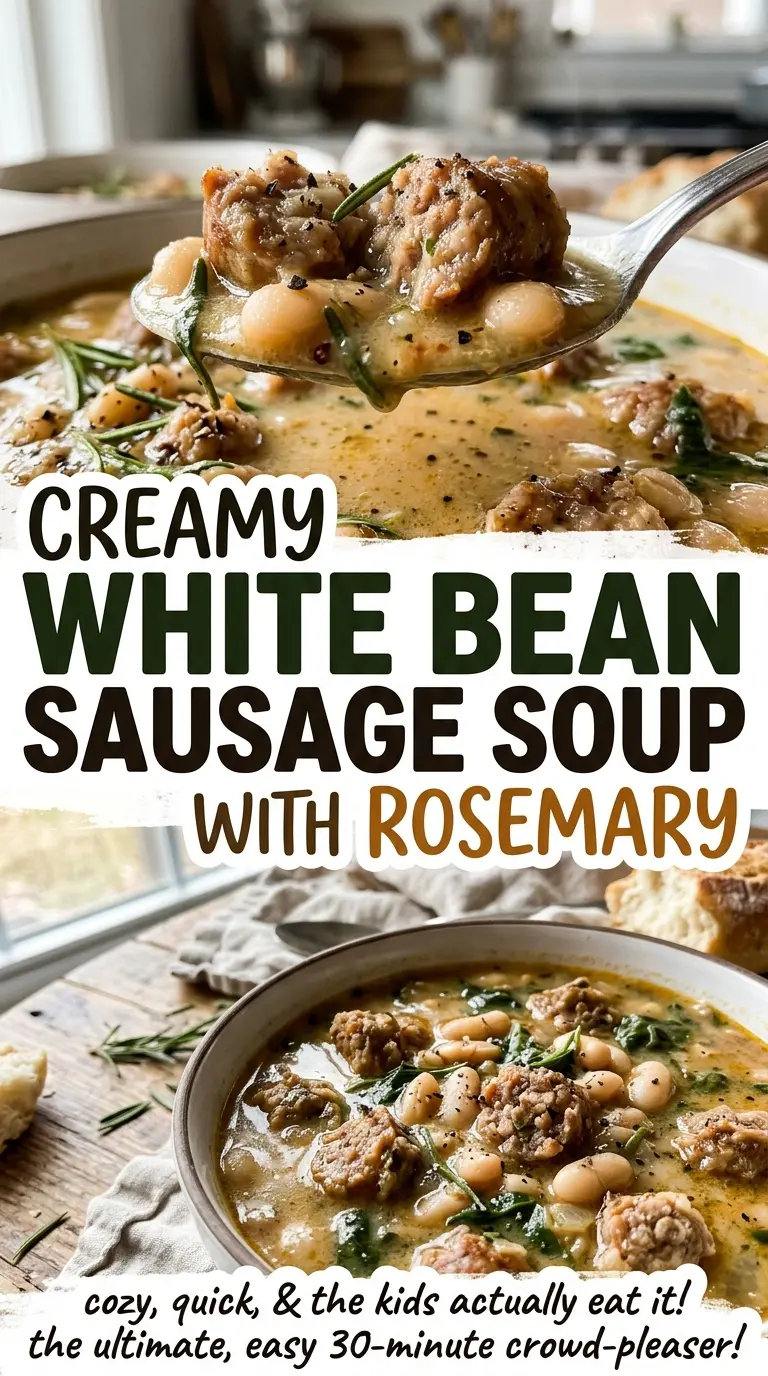 Creamy White Bean Sausage Soup with Rosemary, rich hearty bowl