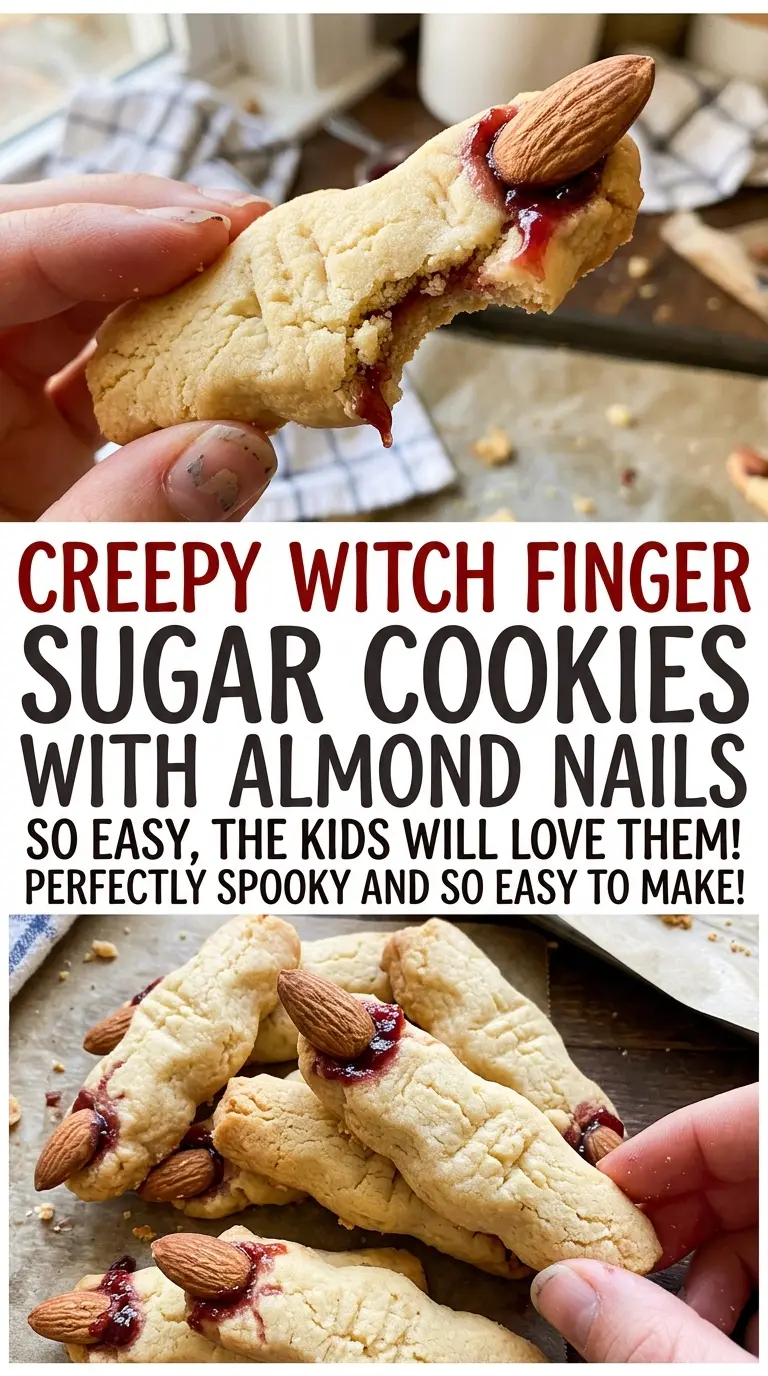 Creepy witch finger sugar cookies with green dough and almond nails