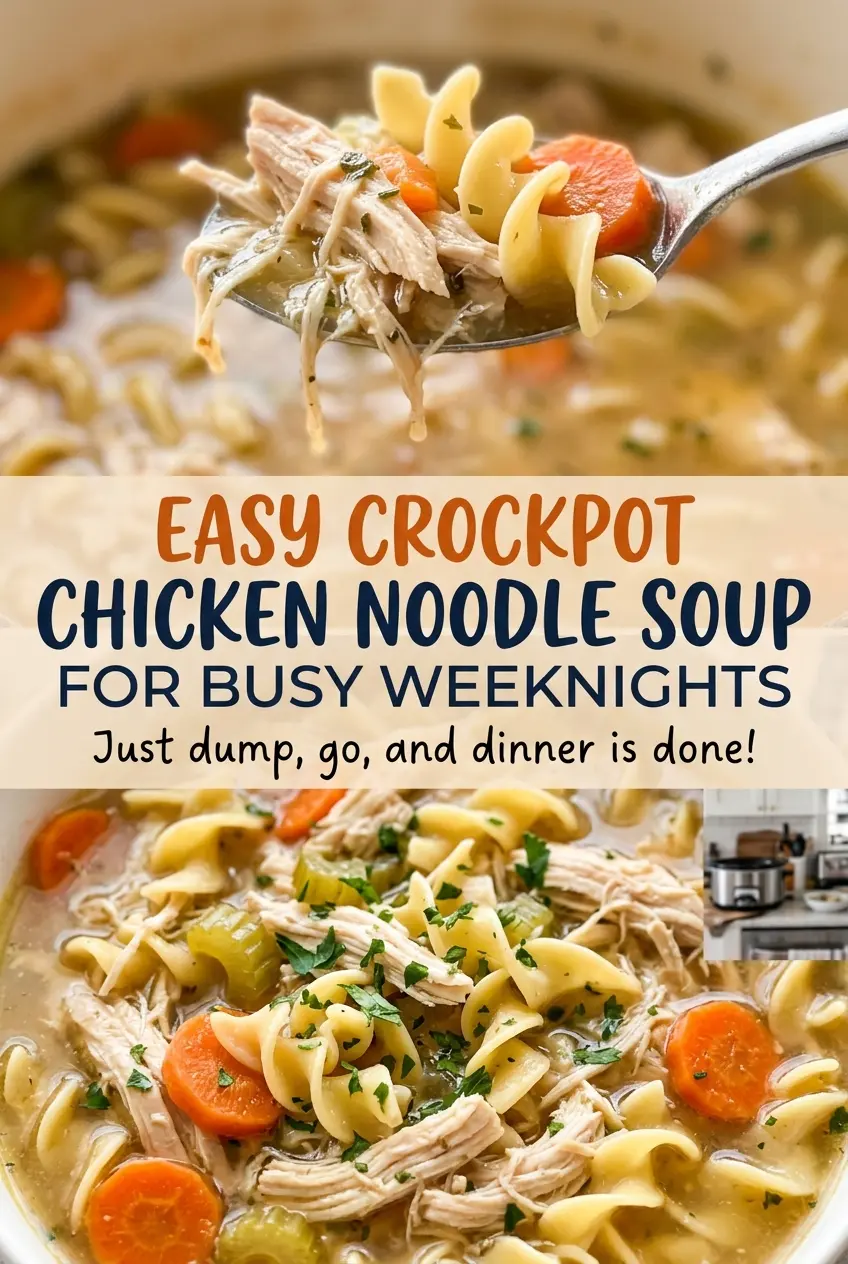Easy Crockpot Chicken Noodle Soup, tender and savory