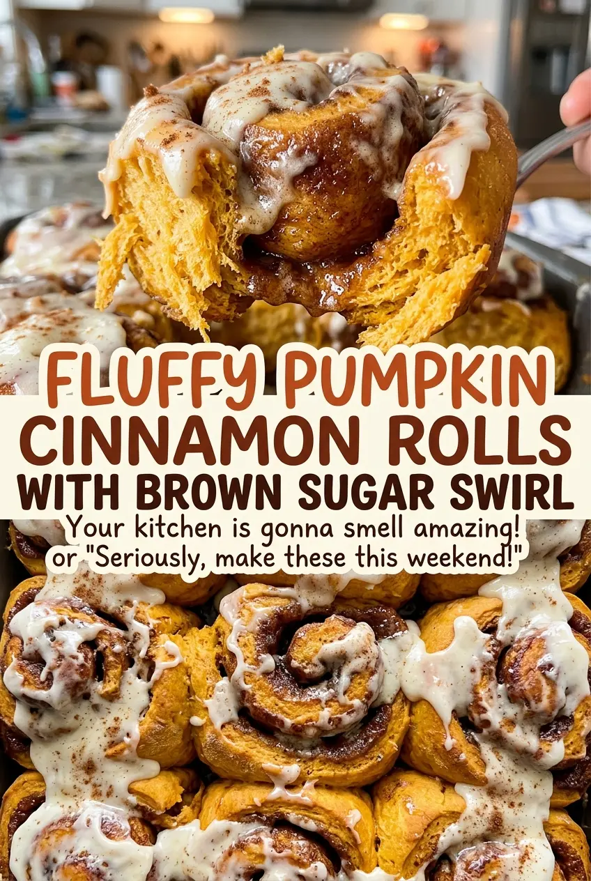Fluffy Pumpkin Cinnamon Rolls with Brown Sugar Swirl, golden iced spirals
