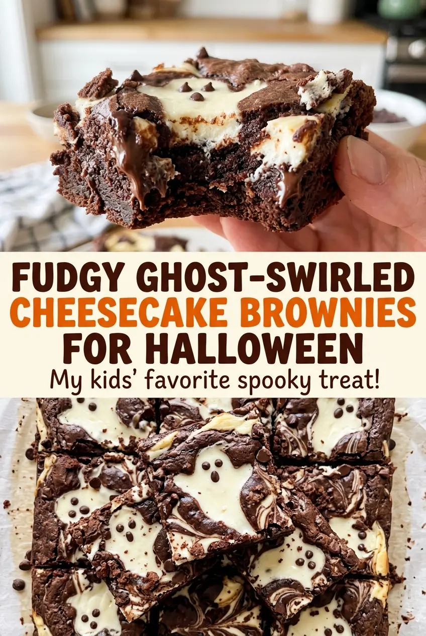 Fudgy Ghost-Swirled Cheesecake Brownies with piped chocolate ghosts