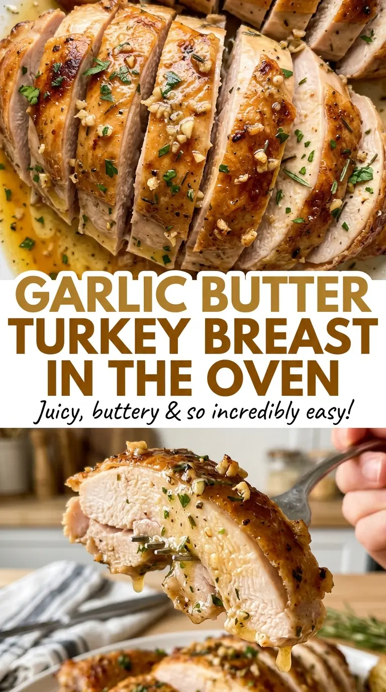 Garlic Butter Turkey Breast in the Oven with tender roasted slices