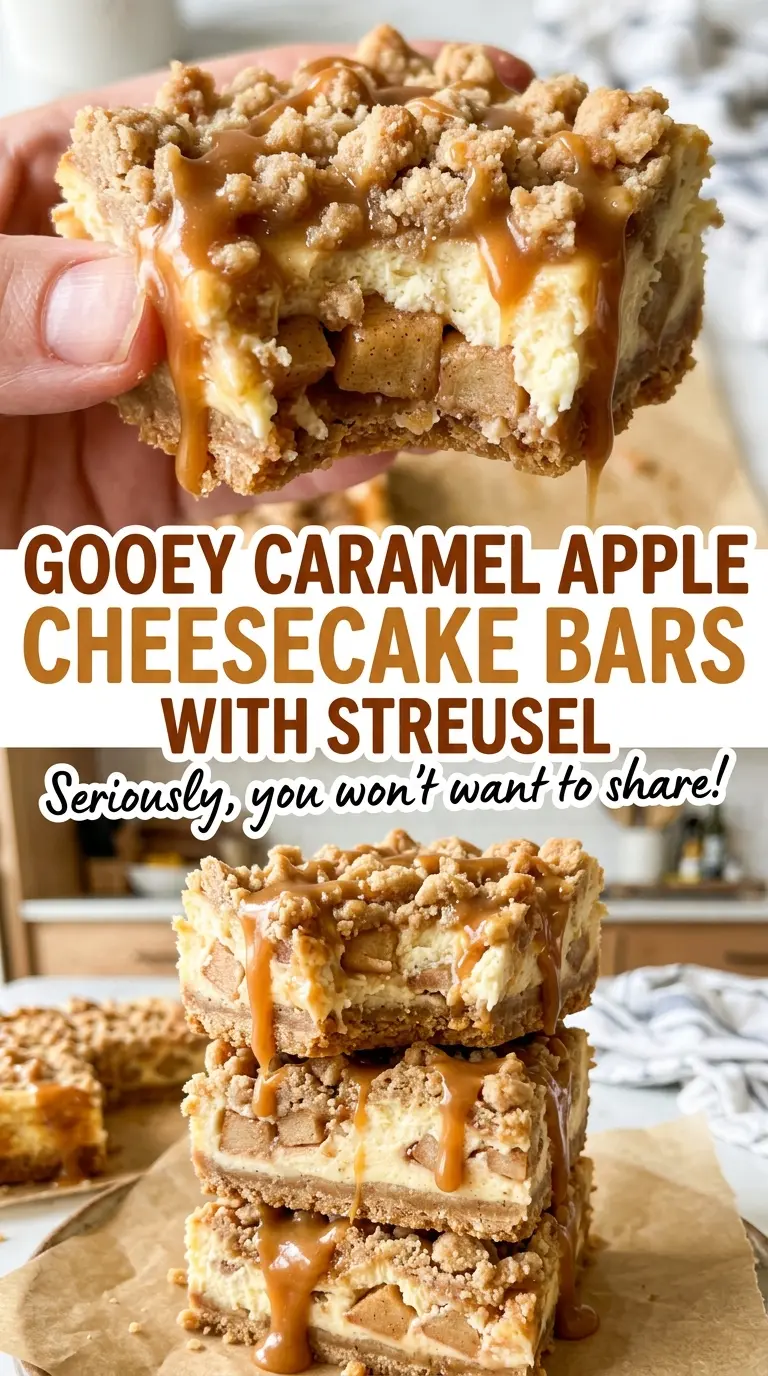 Gooey Caramel Apple Cheesecake Bars with Streusel, chilled caramel finish