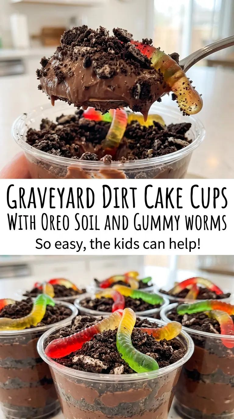 Graveyard Dirt Cake Cups with Oreo Soil and Gummy Worms, creamy cookie layers