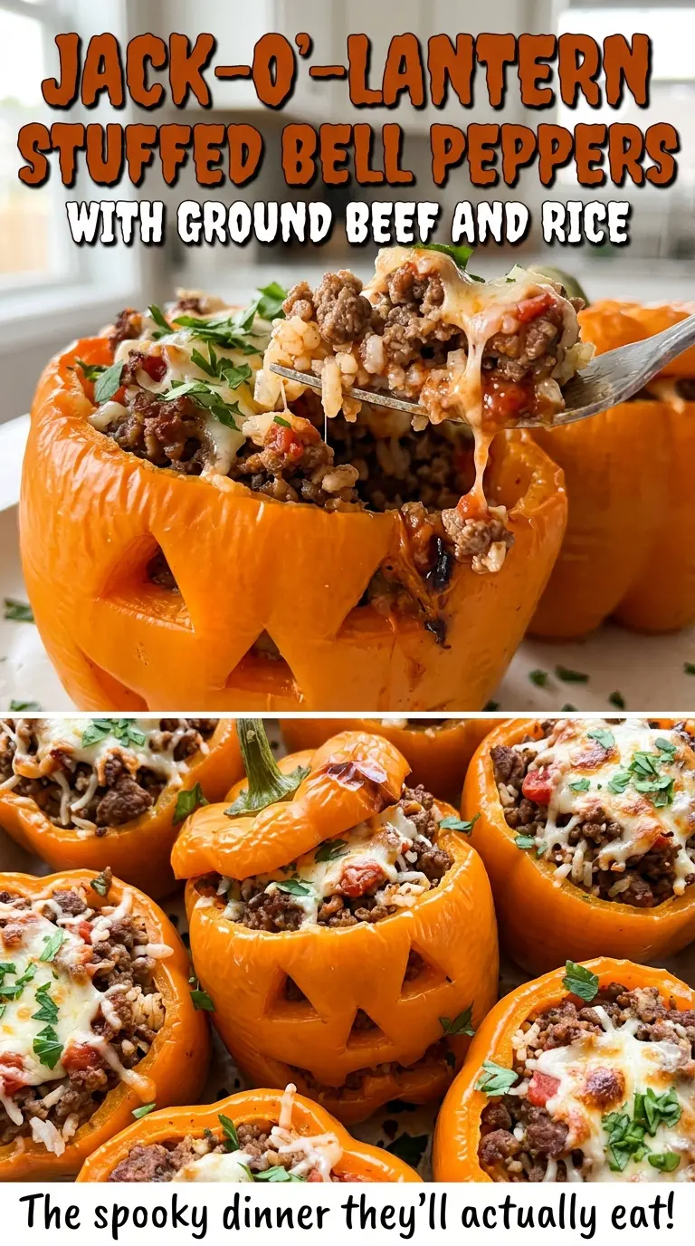 Jack-O'-Lantern Stuffed Bell Peppers with Ground Beef and Rice, cheesy and golden