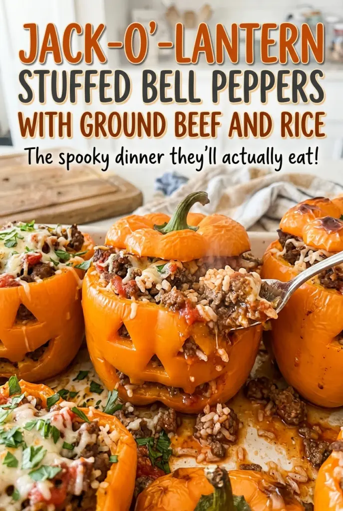 Jack-O’-Lantern Stuffed Bell Peppers with Ground Beef and Rice