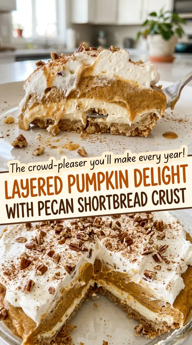 Layered Pumpkin Delight with Pecan Shortbread Crust, buttery pecan layers