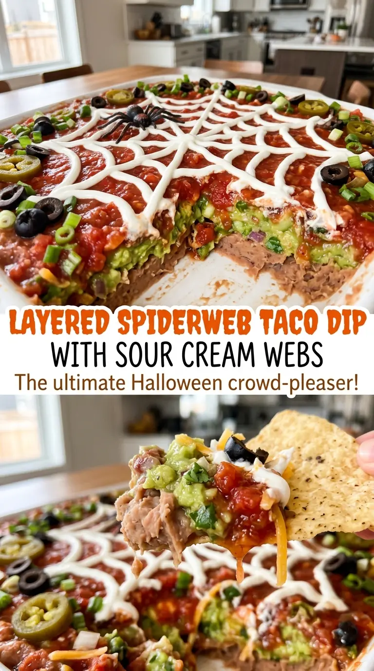 Layered Spiderweb Taco Dip with Sour Cream Web