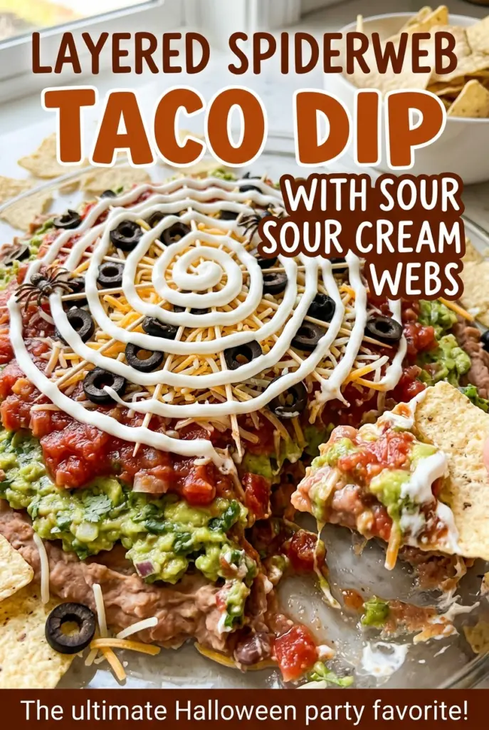 Layered Spiderweb Taco Dip with Sour Cream Webs