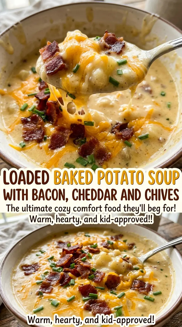 Loaded baked potato soup with bacon, cheddar, and chives, creamy and chunky